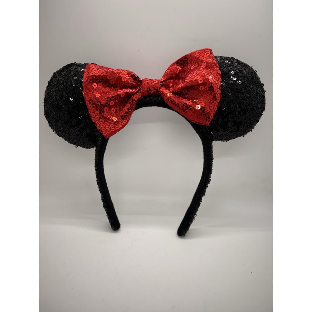 Minnie Mouse Sequin Ear Headband with Sequin Bow for Adults Fits Wide Head